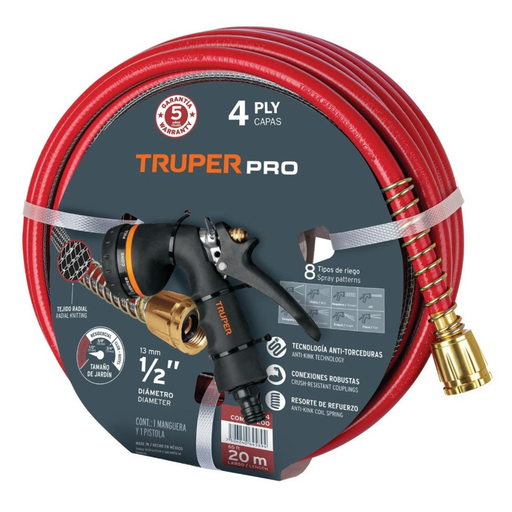 [MAN-TRU-10864] MANGUERA CULEBRA 1/2" X 20 MTS REFORZADA C/CONEXIONES PVC Y PISTOLA REF. 10864 MARCA TRUPER