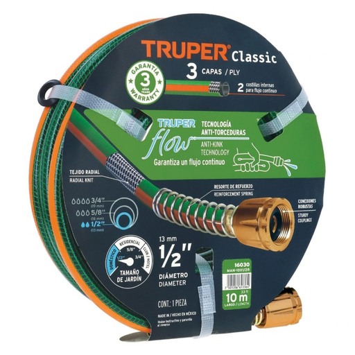 [MAN-TRU-16030] MANGUERA CULEBRA 1/2" X 10 MTS REFORZADA 3 CAPAS C/CONEXIONES METALICAS REF. 16030 MARCA TRUPER