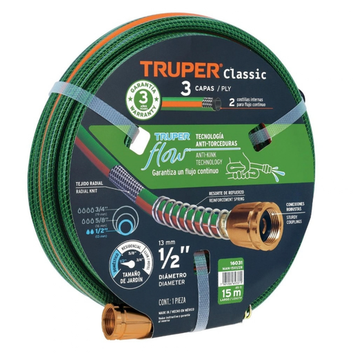 [MAN-TRU-16031] MANGUERA CULEBRA 1/2" X 15 MTS REFORZADA 3 CAPAS C/CONEXIONES METALICAS REF. 16031 MARCA TRUPER