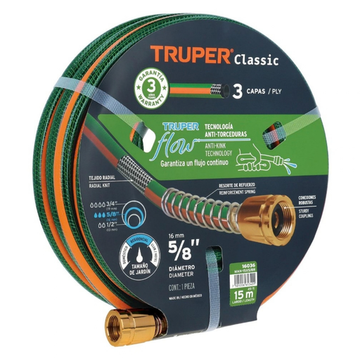 [MAN-TRU-16036] MANGUERA CULEBRA 5/8" X 15 MTS REFORZADA 3 CAPAS C/CONEXIONES METALICAS REF. 16036 MARCA TRUPER