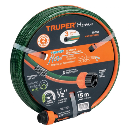 [MAN-TRU-16052] MANGUERA CULEBRA 1/2" X 20 MTS REFORZADA 3 CAPAS C/CONEXIONES PLASTICAS REF. 16052 MARCA TRUPER