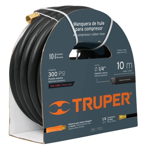 [MAN-TRU-17080] MANGUERA NEUMATICA DE HULE DE 1/4" X 10MTS PARA COMPRESOR CON CONECTOR DE 1/4" DE MARCA TRUPER