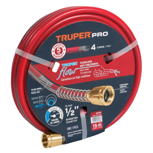 [MAN-TRU-19791] MANGUERA CULEBRA 1/2" X 15 MTS REFORZADA 4 CAPAS C/CONEXIONES METALICAS REF. 19791 MARCA TRUPER