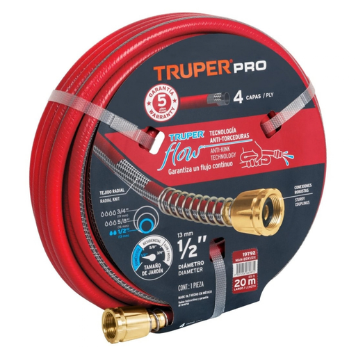 [MAN-TRU-19792] MANGUERA CULEBRA 1/2" X 20 MTS REFORZADA 4 CAPAS C/CONEXIONES METALICAS REF. 19792 MARCA TRUPER