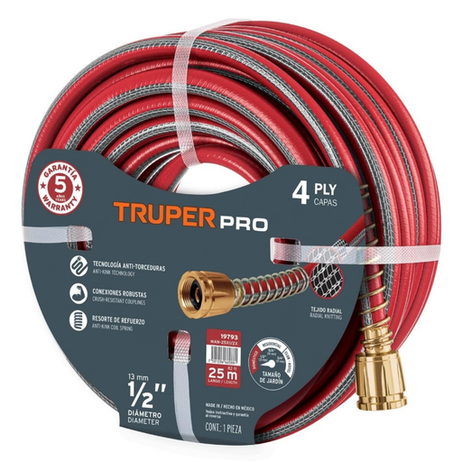 [MAN-TRU-19793] MANGUERA CULEBRA 1/2" X 25MTS REFORZADA 4 CAPAS C/CONEXIONES METALICAS REF. 19793 MARCA TRUPER