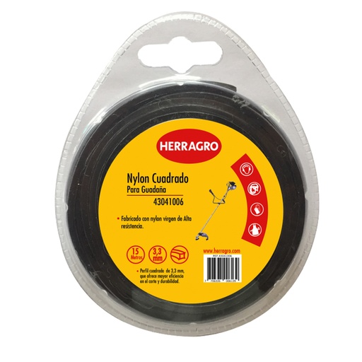 [NEYL-HER-NYLON-C15] NYLON CUADRADO PARA PODADORA 3.3 MM X 15 MTS COLOR NEGRO REF. 43041006 / 006139 MARCA HERRAGRO