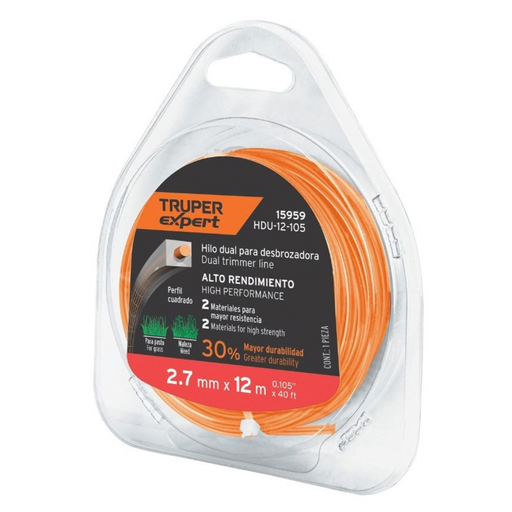 [NYL-TRU-15959] NYLON PARA PODADORA 2.7 MM X 12MTS COLOR ANARANJADO HDU-12-105 REF-15959 (TIPO REDONDO) MARCA TRUPER