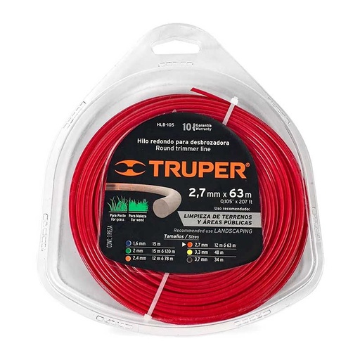[NYL-TRU-17610] NYLON PARA PODADORA 2.7 MM X 63 MTS COLOR ROJO HLB-105 REF-17610 (TIPO REDONDO) MARCA TRUPER