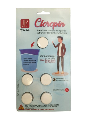 [PAS-CLO-000051] PASTILLA DE CLORO 5 GRS PARA TANQUES ( 1 PASTILLA X 500 LITROS DE AGUA) REF.000051 MARCA CLOROPIN