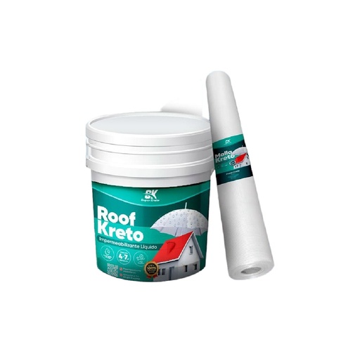 [PIN-SUP-KIT-ROOF-KRETO+MALLA] PINTURA ROOF KRETO IMPERMEABILIZANTE ELASTOMERICO CUÑETE 5G + MALLA 30M2 BLANCO MARCA SUPER KRETO