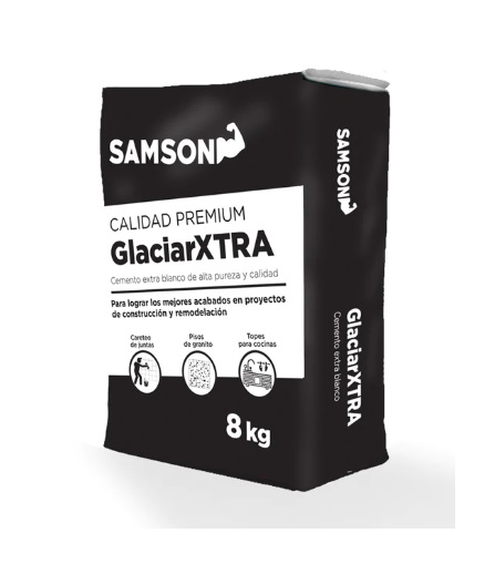 [SAC-SAM-MCE8] SACO DE CEMENTO BLANCO Y AGREGADOS "GLACIAR XTRA" SACO 8 KG ALTA RESISTENCIA REF. MCE8 MARCA SAMSON