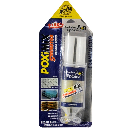 [SOL-SIL-000969] SOLDADURA / PEGA POXIMIX 5 MIN JERINGA 25CM3 TRANSLUCIDO COD.000969 REF. 1030500004 MARCA SILIPEX