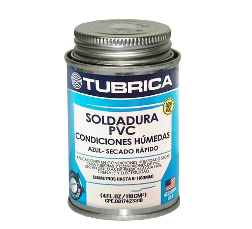 [SOL-TUB-1000000494] SOLDADURA PARA PVC CONDICIONES HUMEDAS 1/32 GLN/ 118 ML AZUL-SECADO RAPIDO REF. 226426 MARCA TUBRICA