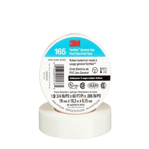 [TAP-3M-165B] TAPE O CINTA ELECTRICA DE VINIL 3/4" X 18 MTS PROFESIONAL USO GENERAL REF.165B COLOR BLANCO MARCA 3M