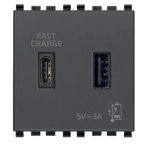 [TOM-VIM-20295.AC] TOMA USB A+ C ( TACO ) DE ALIMENTACION 15W 5V 3A 2 MODULO SERIE EIKON COLOR GRIS REF. 20295.AC VIMAR